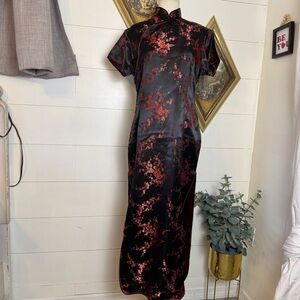 Vintage Golden Dragon Long Black Chinese CHEONGSAM Dress Red Flower XXL